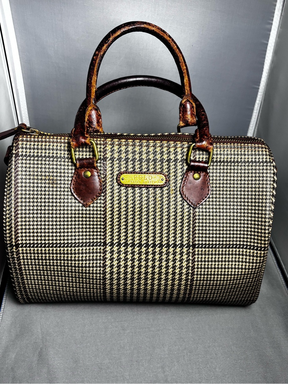 Structured Houndstooth Top-Handle Bag in Brown Vintage Ralph Lauren